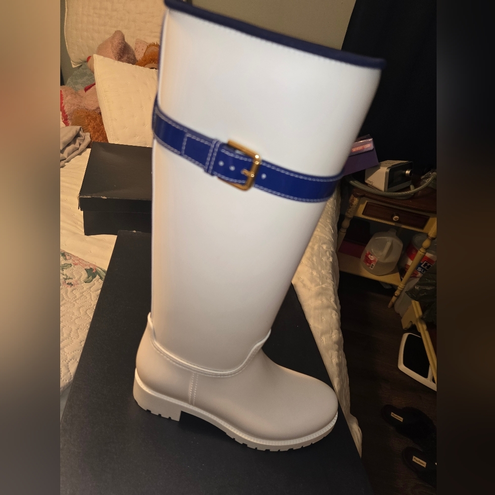White Rain Boots with Blue Strap